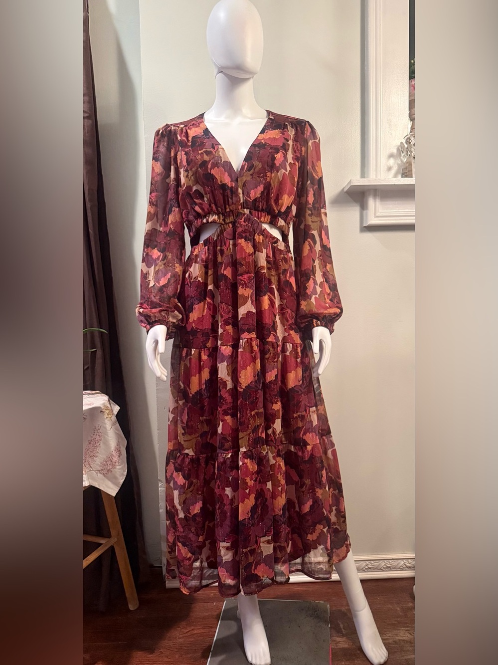 sofia by sofia vergara Burgundy and Rust Floral Long-Sleeve Maxi Dress